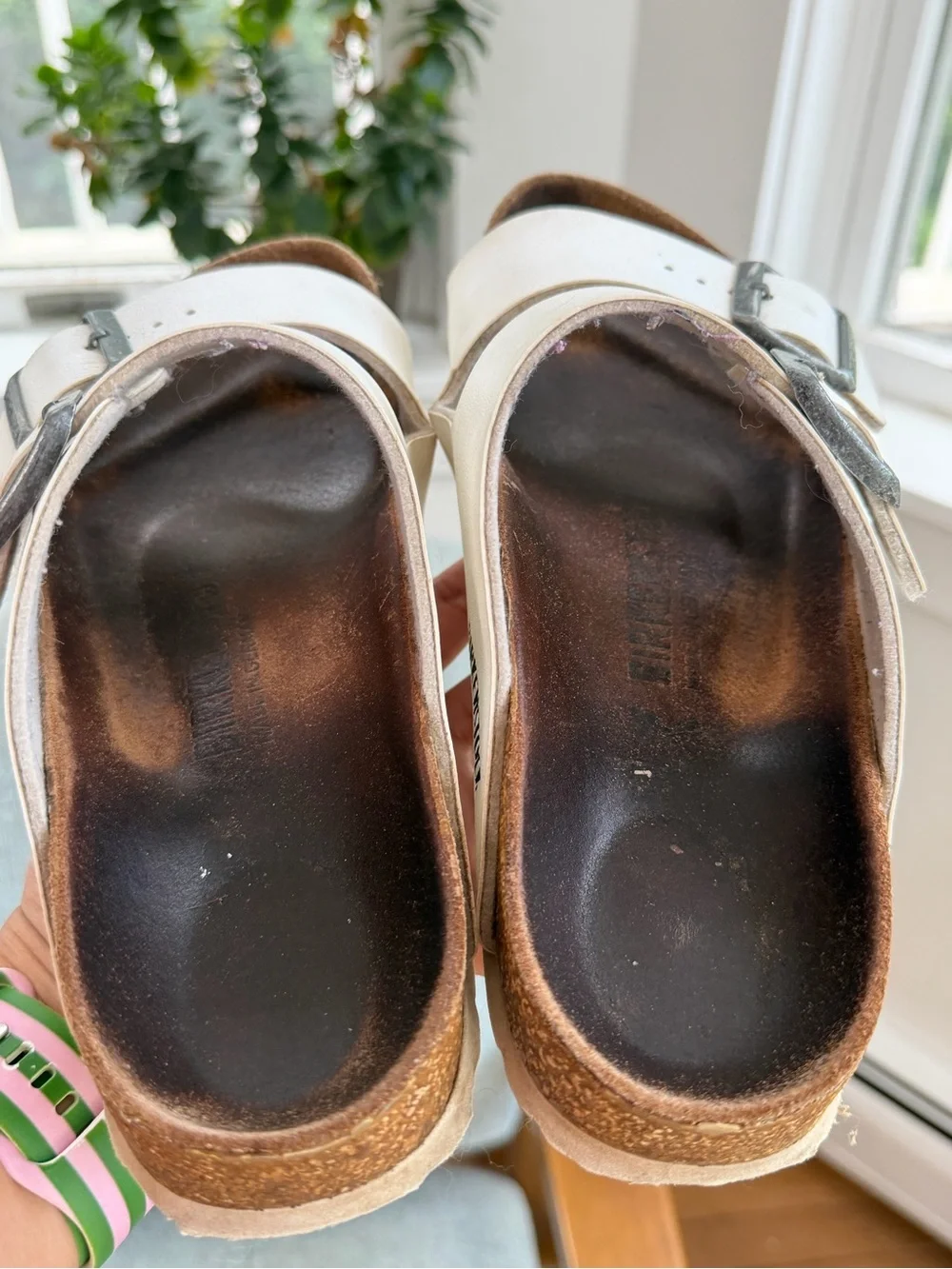 Well worn Birkenstocks Arizona white sandals EU size 38 US size 7